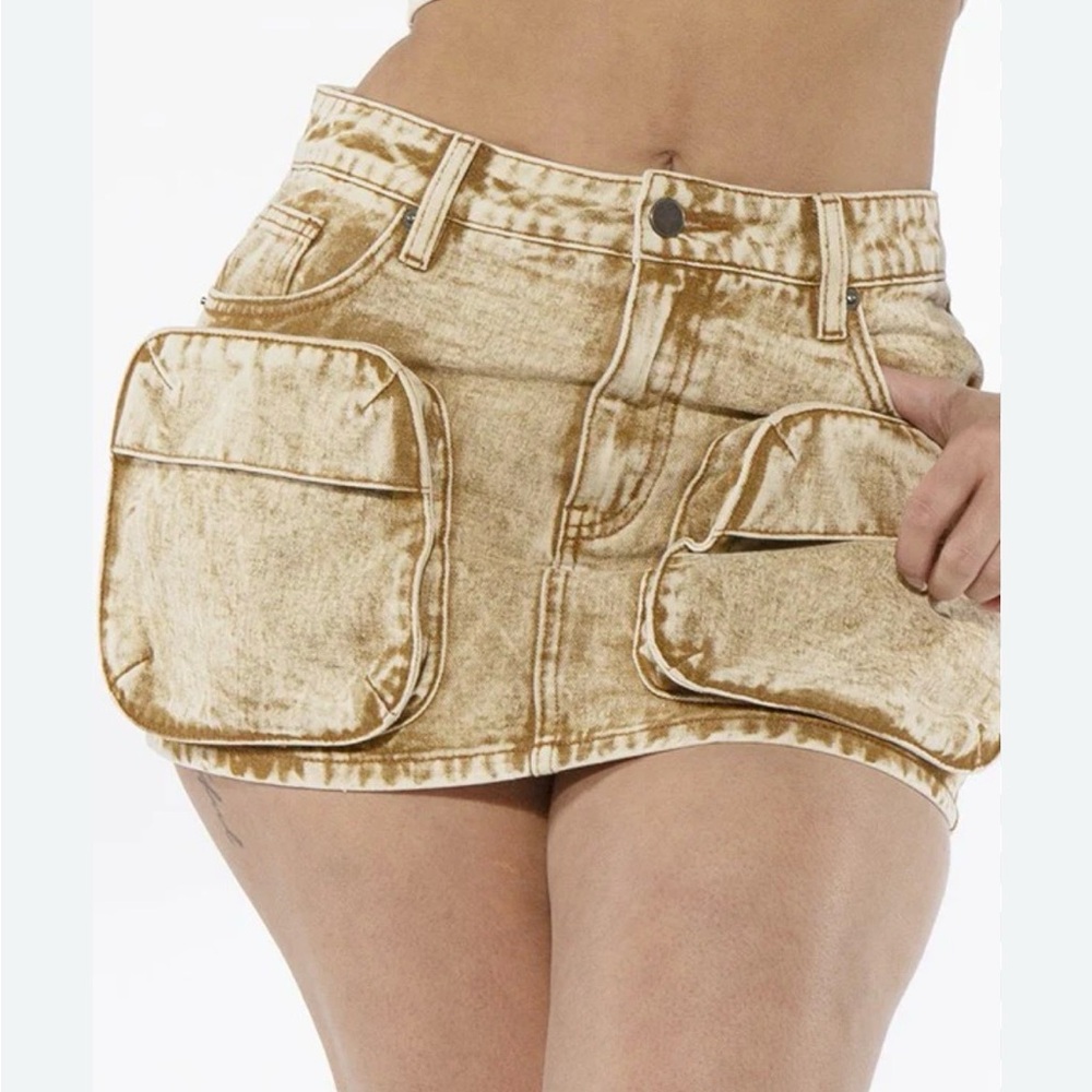 🌺NWOT AMAZON BROWN WASH DENIM CARGO MINI SKIRT SIZE SMALL🌺